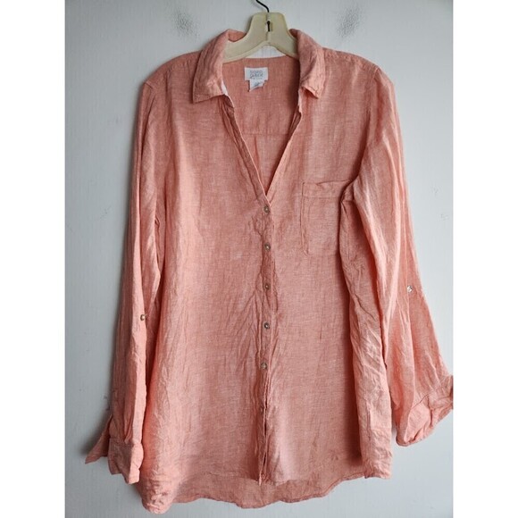 Sigrid Olsen Women Salmon Pink 100% Linen Button Down Tunic Blouse size Medium - Picture 1 of 6